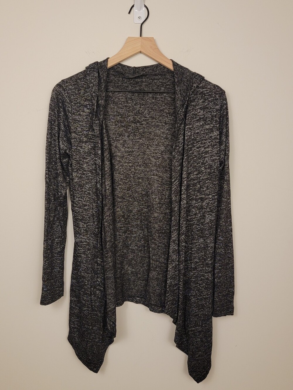 JM Fleurette Charcoal Gray Open Front Hooded Waterfall Cardigan Lightweight Smal